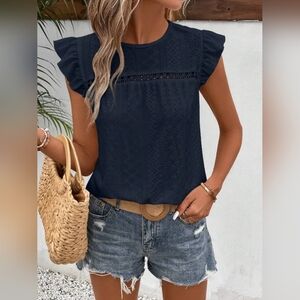 Elegant Full Size Navy Ruffle Sleeve Blouse - Sizes - S - 2X